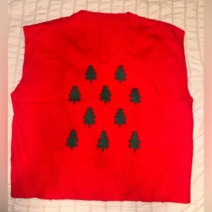 Red Sweater Vest with embroidered Green Christmas Trees